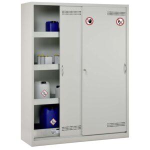 Umweltschrank aus Stahl mit 2 x Bodenauffangwanne 30 l und 6 x Regalwanne à 20 l, 1500 x 500 x 1950 mm, Schiebetüren