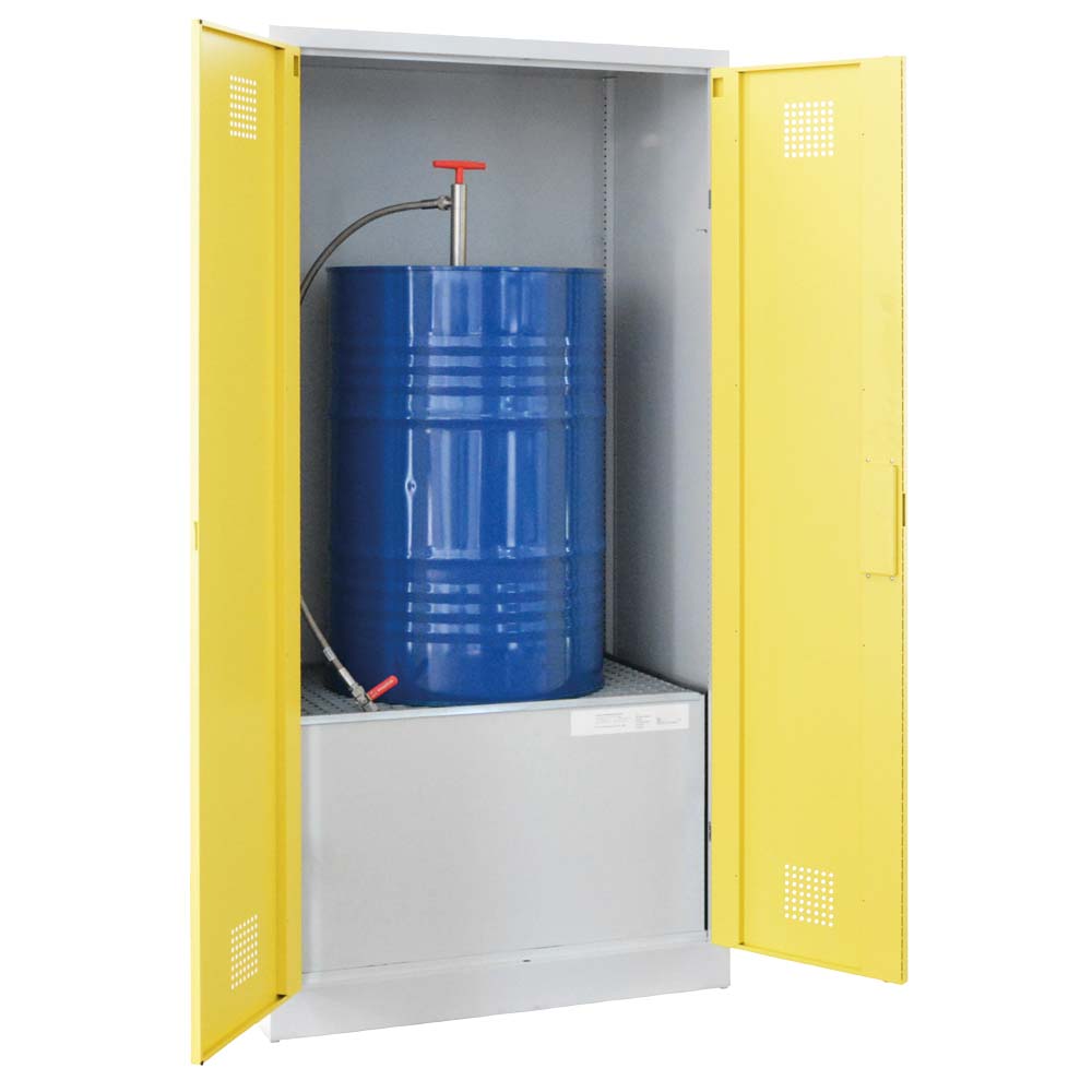 Umweltschrank aus Stahl für 1 x 200 l Fass, Auffangwanne 220 l, 950 x 645 x 1950 mm
