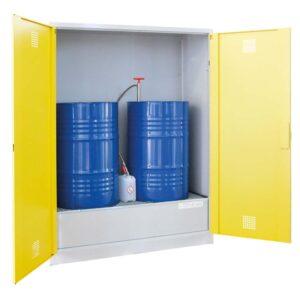 Umweltschrank aus Stahl für 2 x 200 l Fässer, Auffangwanne 220 l, 1500 x 645 x 1950 mm