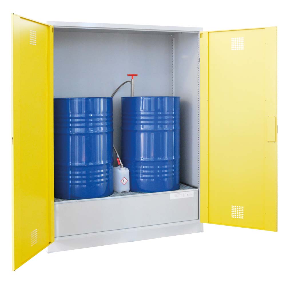 Umweltschrank aus Stahl für 2 x 200 l Fässer, Auffangwanne 220 l, 1500 x 645 x 1950 mm