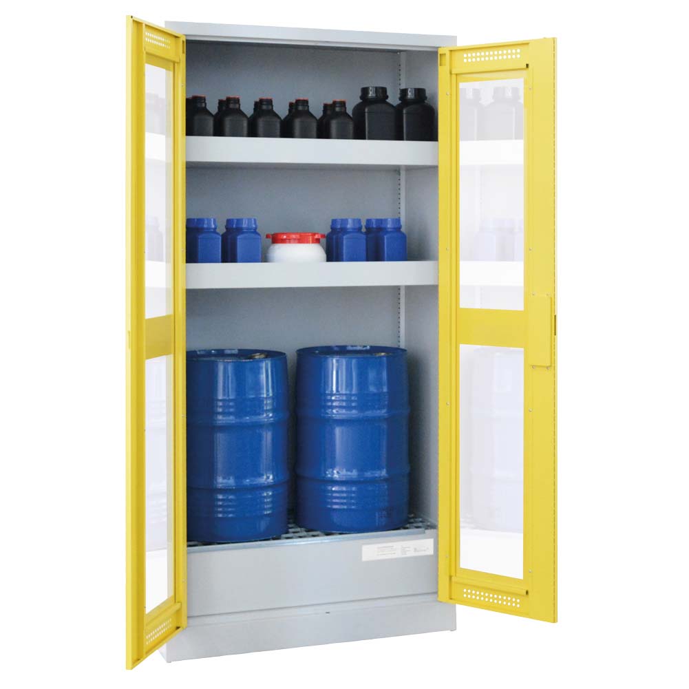 Umweltschrank aus Stahl für 2 x 60 l Fässer und Kleingebinde, Auffangwanne 65 l, Glastür