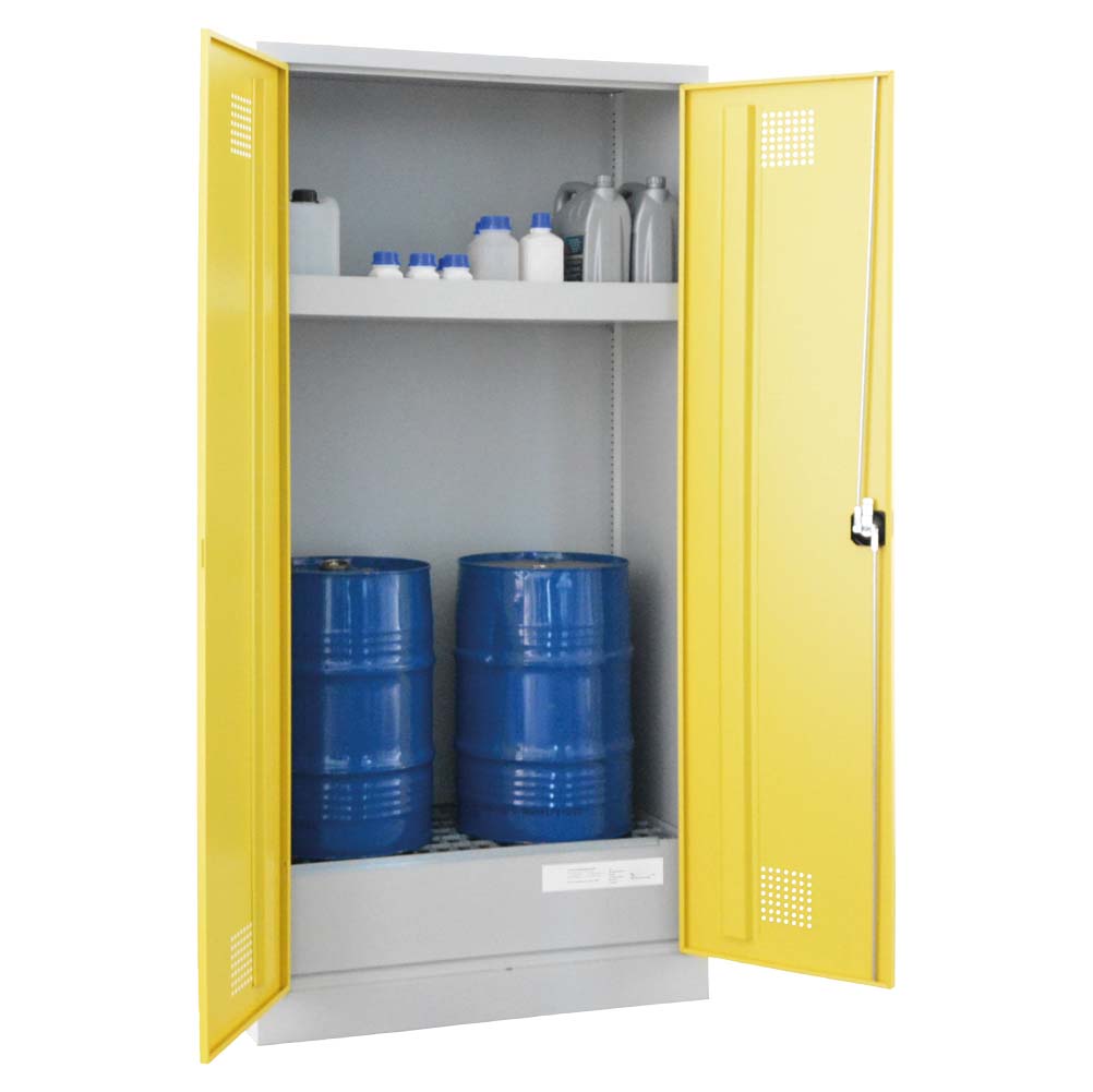 Umweltschrank aus Stahl für 2 x 60 l Fässer und Kleingebinde, Auffangwanne 65 l