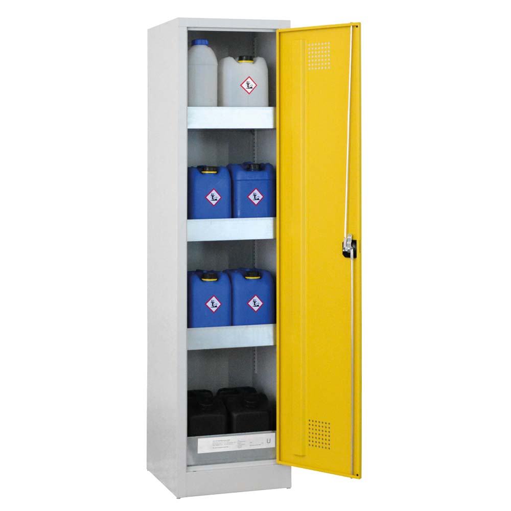 Umweltschrank aus Stahl mit Bodenauffangwanne à 20 l und 3 Wannenböden à 20 l, 500 x 500 x 1950 mm