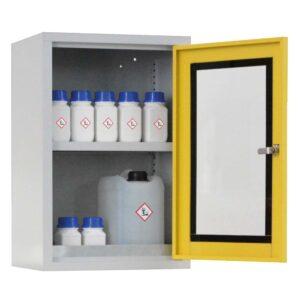 Umwelt-Hängeschrank aus Stahl mit Auffangwanne à 5 l und 1 Fachboden, 400 x 300 x 600 mm, Glastür