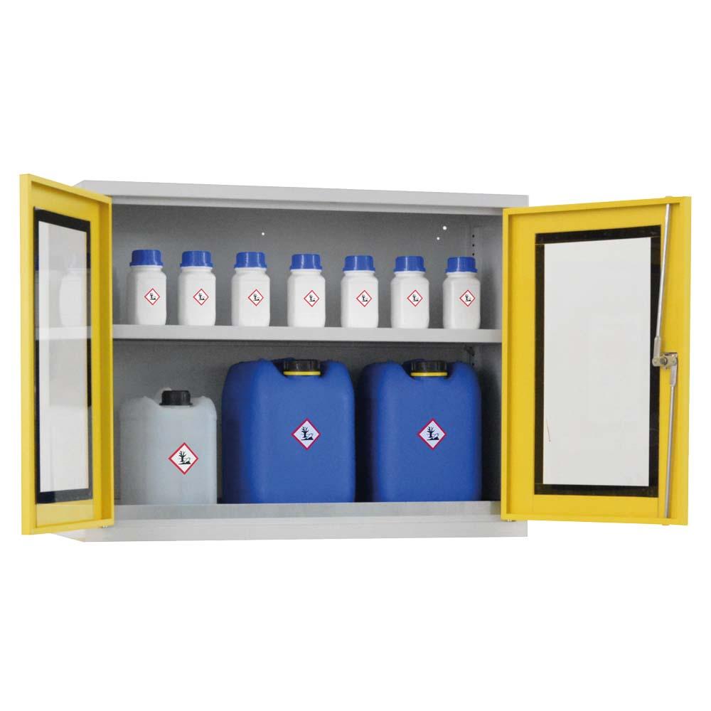 Umwelt-Hängeschrank aus Stahl mit Auffangwanne à 10 l und 1 Fachboden, 800 x 300 x 600 mm, Glastür