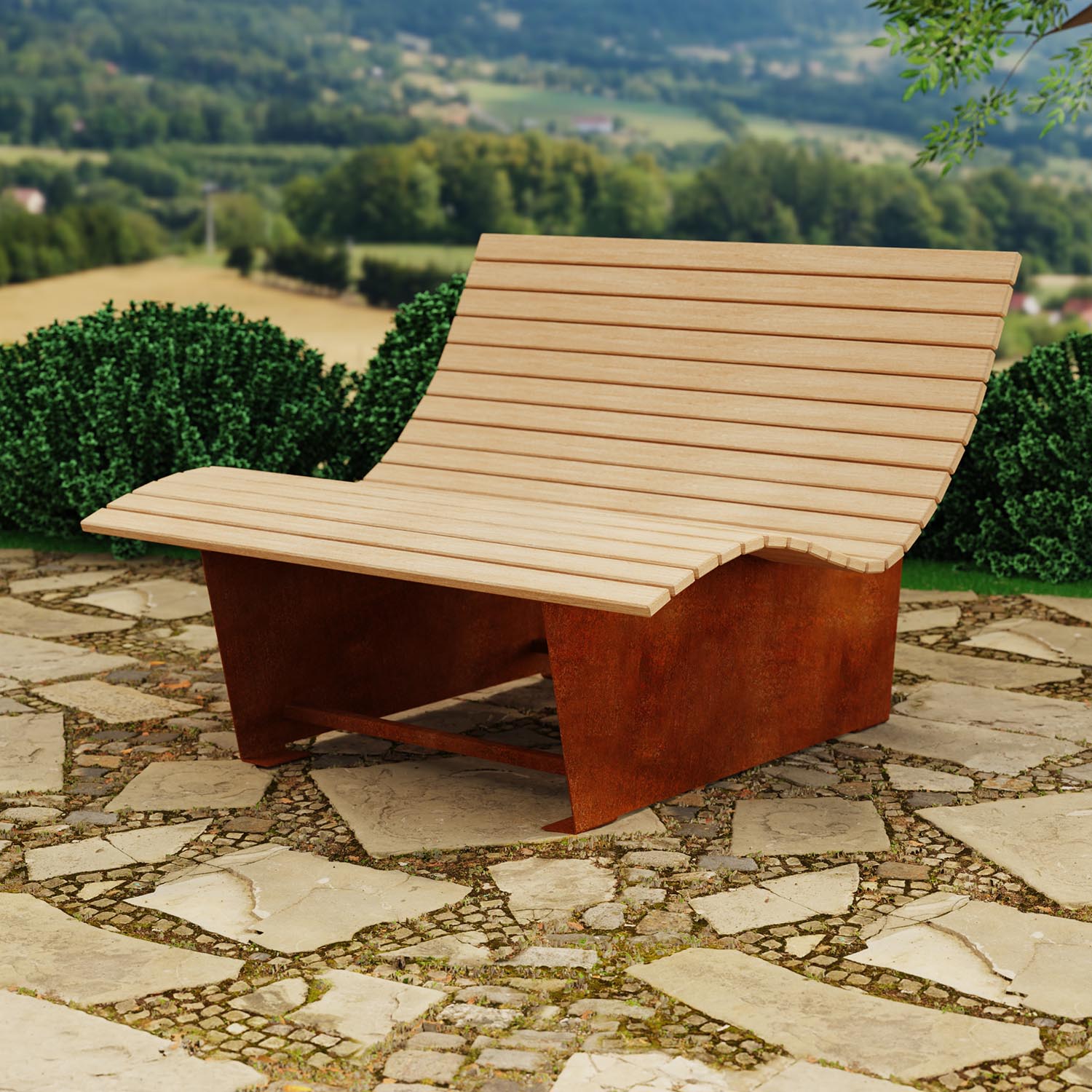 Waldsofa mit Gestell aus Cortenstahl, Holzauflagen aus Lärche, Breite 1500 mm