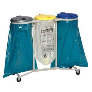 Auffangwanne aus Kunststoff (PE) für 1 IBC, Auffangvolumen 1100 l, mit PE-Rost Auffangwannen aus Kunststoff Produktbild Abfallsammler aus Stahl für die Wertstoffsortierung, für 120 l Abfallsäcke, 3-fach, fahrbar