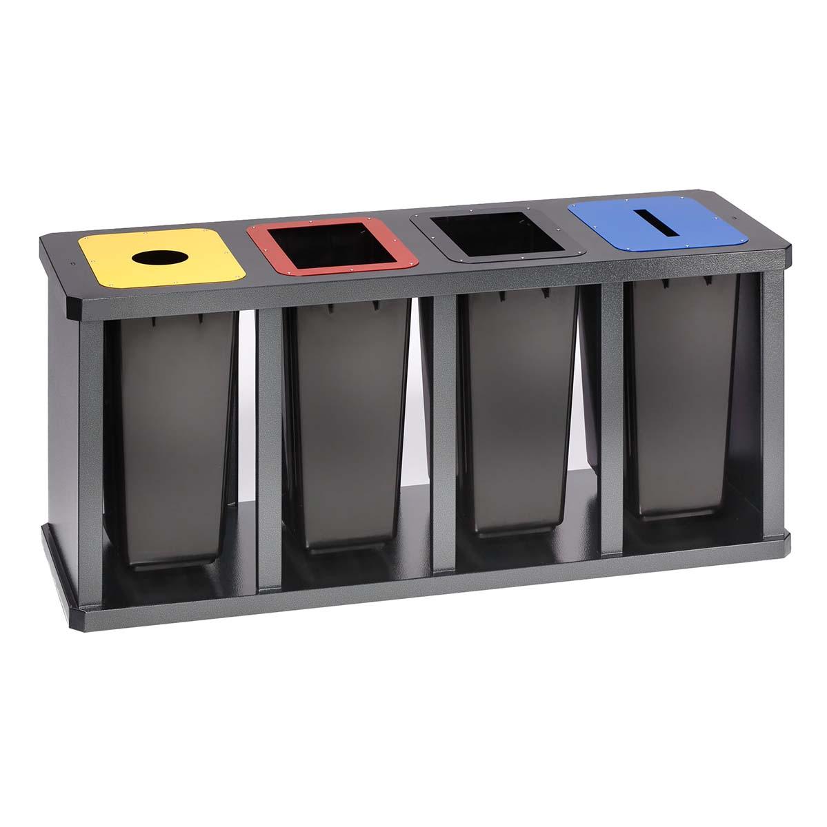 Wertstoffsammelstation aus Stahl, 4er Variante, mit Kunststoffbehältern, Volumen 4 x 58 l