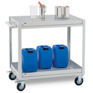 Werkstattwagen mit 2 Auffangwannen aus Stahl à 20 l, 990 x 610 x 920 mm, Schubgriff
